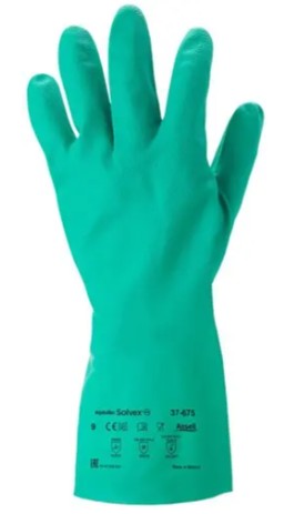 Groene Solvex nitril handschoen met geprinte veiligheidsnormen