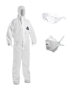 Beschermende overall met capuchon, veiligheidsbril en stofmasker