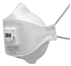 Wit stofmasker met uitblaasklep en blauwe banden