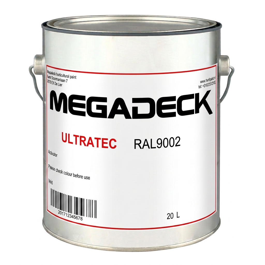 Metalen verfblik met Ultratec etiket in RAL9002 en streepjescode